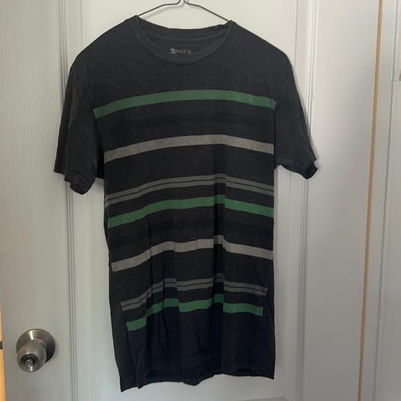 Gray tee with horizontal gray and green stripes - Picture 1 of 2